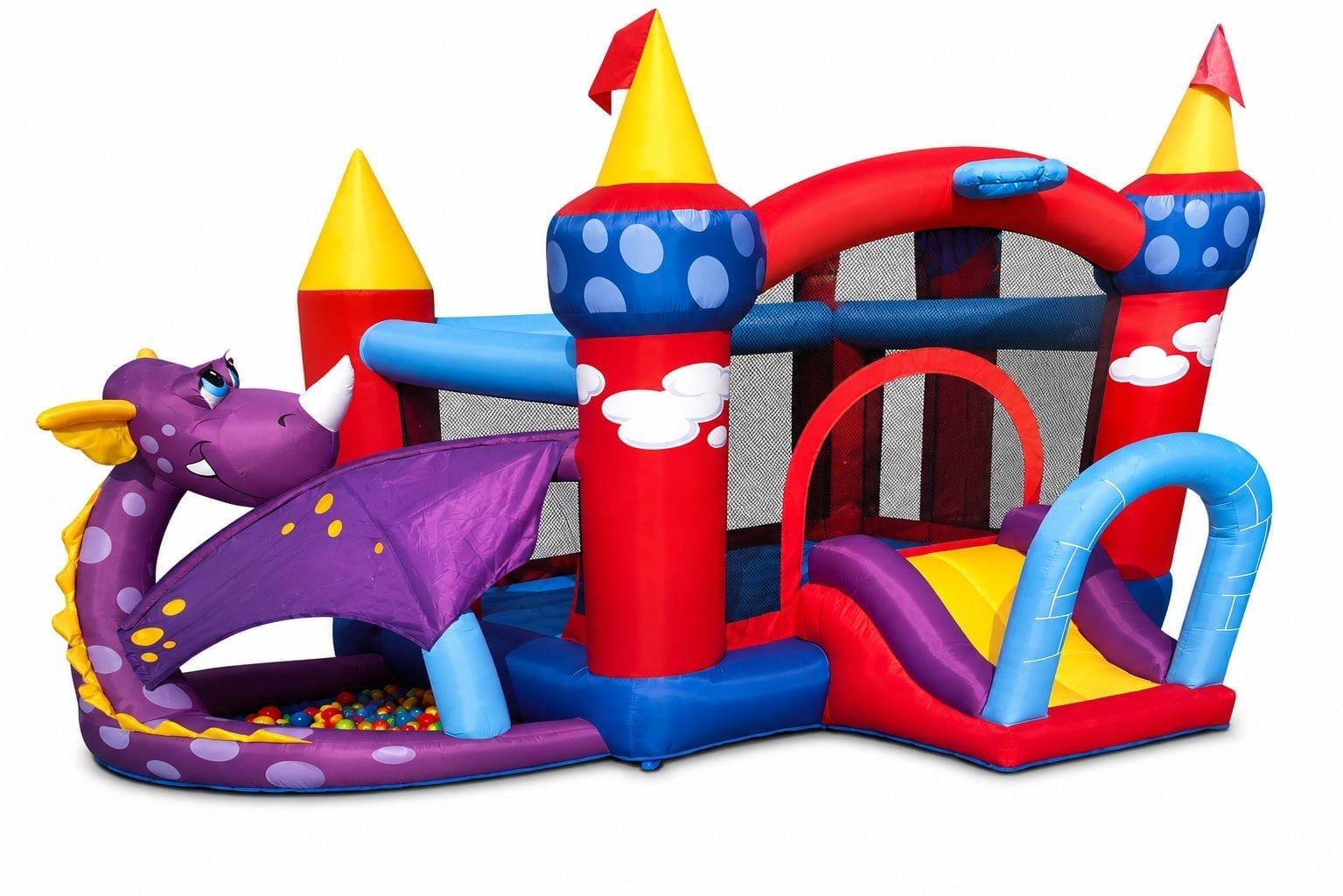 Château gonflable Dragon avec toboggan bleu et piscine à balles violette