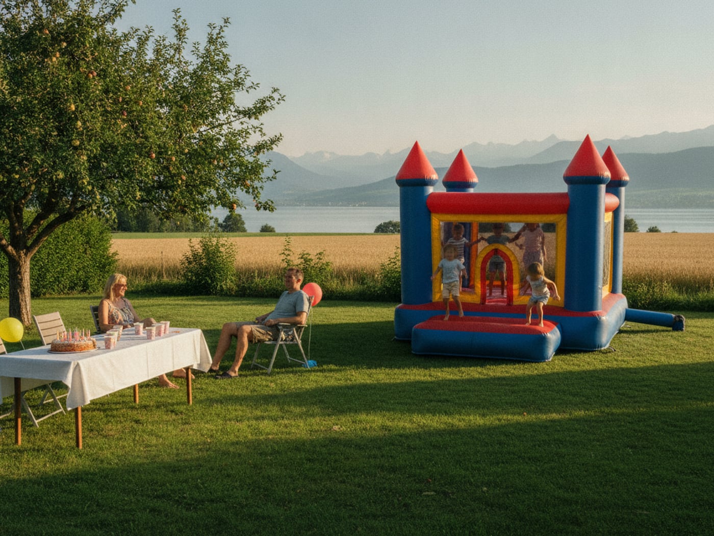 Illustration : un anniversaire dans un jardin, un château gonflable et des enfants qui sautent, le lac de Neuchâtel et les Préalpes au fond