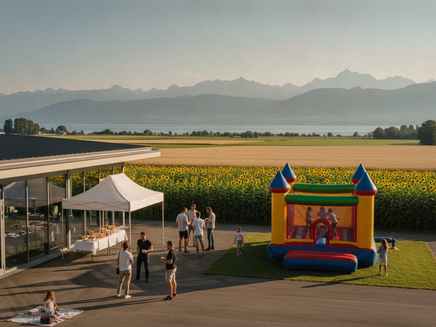 Illustration : une fête du personnel dans la cour d'une entreprise, château gonflable sur la pelouse, champs de la Broye et Alpes à l'horizon