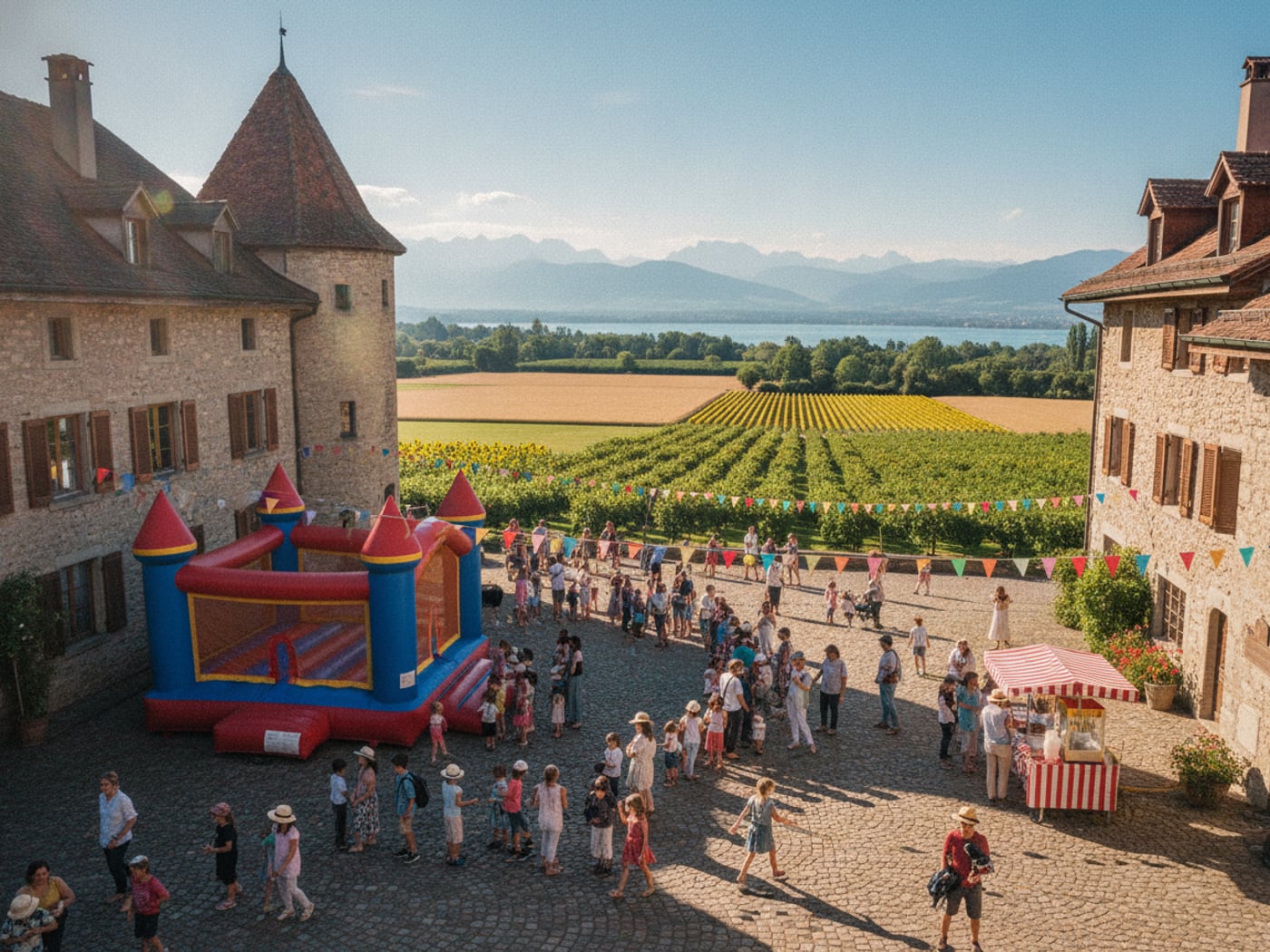 Illustration : une kermesse de village sur une place pavée bordée de maisons médiévales, château gonflable, machine à popcorn et barbe à papa