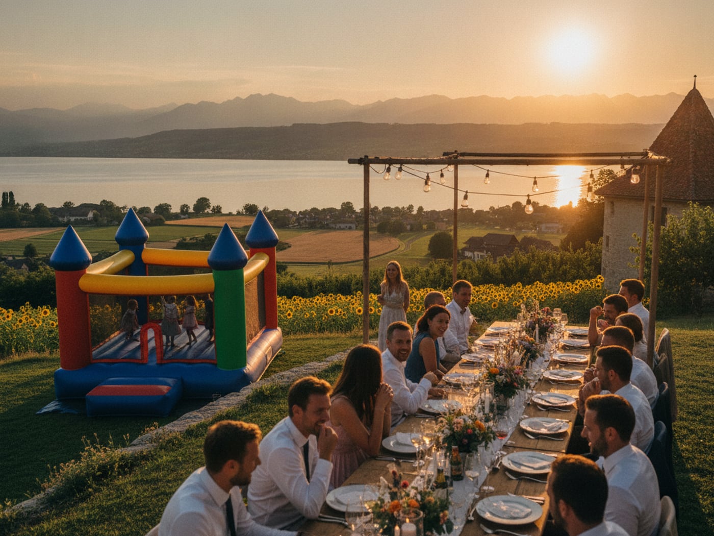 Illustration : une table de mariage au coucher du soleil au-dessus du lac de Neuchâtel, les enfants jouent sur un château gonflable à l'écart